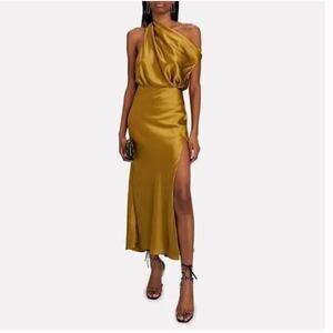 The Sei Sz 4 Off-The-Shoulder Silk Satin Maxi Dress Antique Gold